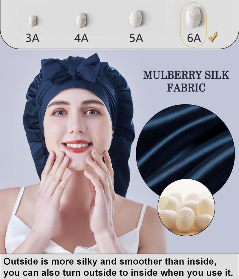 Cocheng Mulberry Silk Bonnet for Sleeping Long Silk Bonnet for Curly Hair Braids Bonnet for Women Silk Bonnet with Tie Band Blue - Image 2